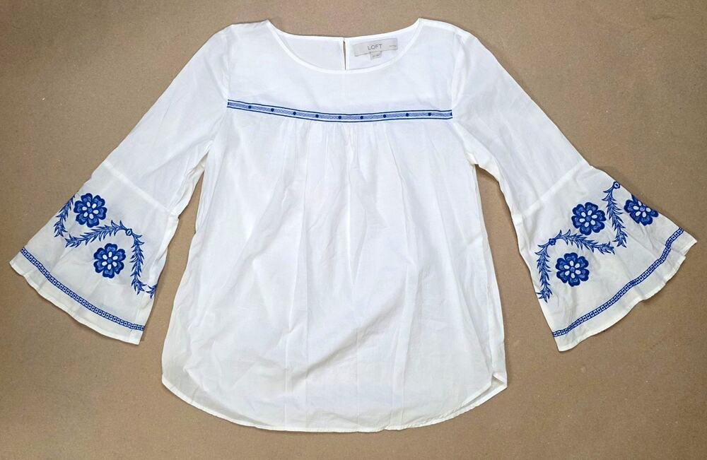 LOFT Petites Blouse White/Blue Embroidered Floral 3/4 Bell Sleeve PS Boho